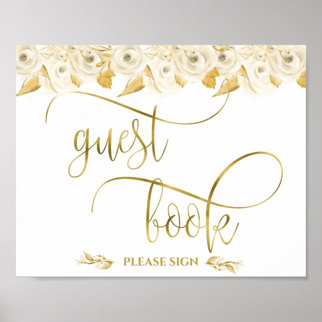 Elegant white roses gold calligraphy guest book (Front)