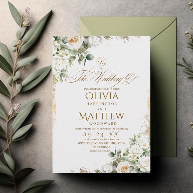 Elegant White Roses & Gold Floral Wedding  Invitation (Creator Uploaded)