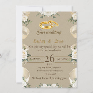 Elegant White Roses & Gold Rings Wedding Invitatio Invitation