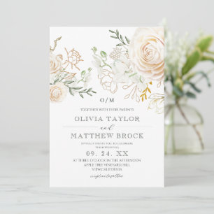 Elegant White Roses Gold Sage Green Flora Wedding  Invitation