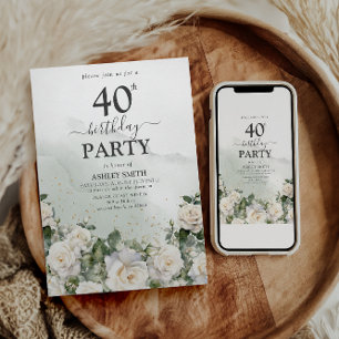 Elegant White Roses & Greenery 40th Birthday Invitation