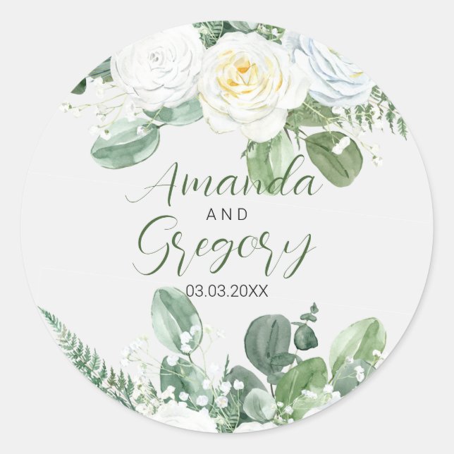 Elegant White Roses & Greenery  Classic Round Sticker (Front)