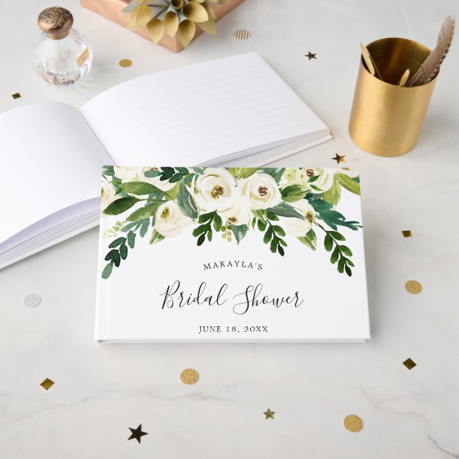 Elegant White Roses Greenery Floral Bridal Shower Guest Book (Front Open)