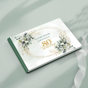 Elegant White Roses Greenery Gold 80th Birthday   Guest Book