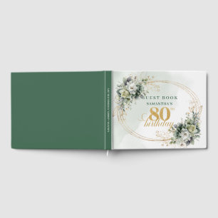 Elegant White Roses Greenery Gold 80th Birthday Guest Book