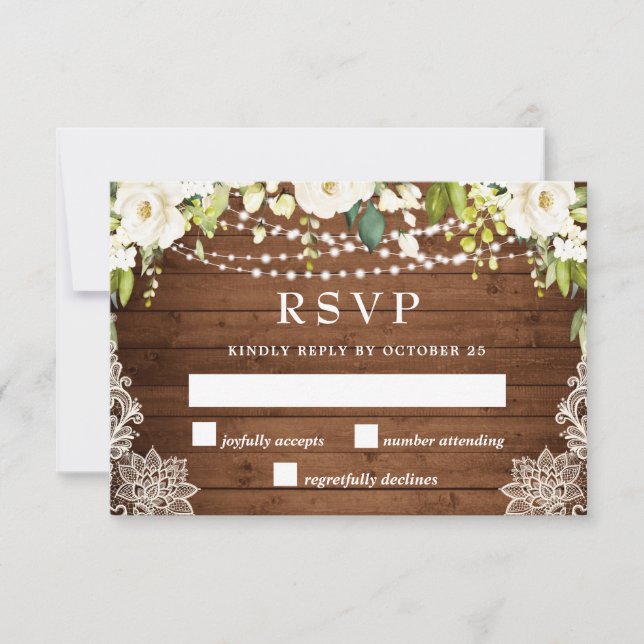 Elegant White Roses Greenery Lace Rustic Wedding RSVP Card (Front)