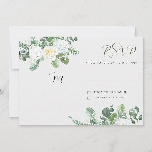 Elegant White Roses & Greenery RSVP Invitation (Front)