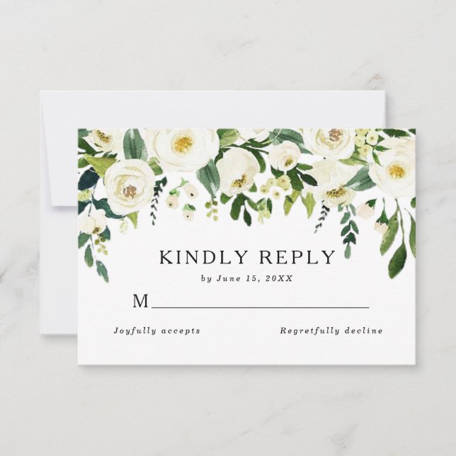 Elegant White Roses Greenery Summer Wedding  RSVP Card (Front)