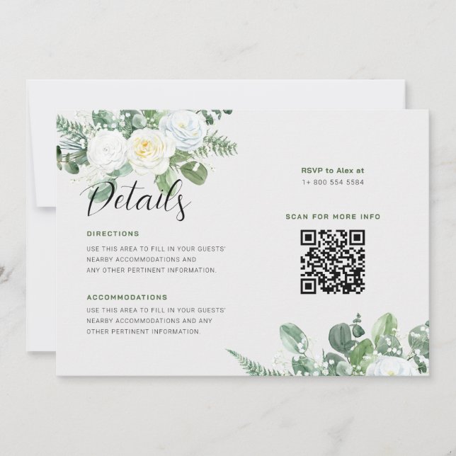 Elegant White Roses & Greenery Wedding Details Invitation (Front)