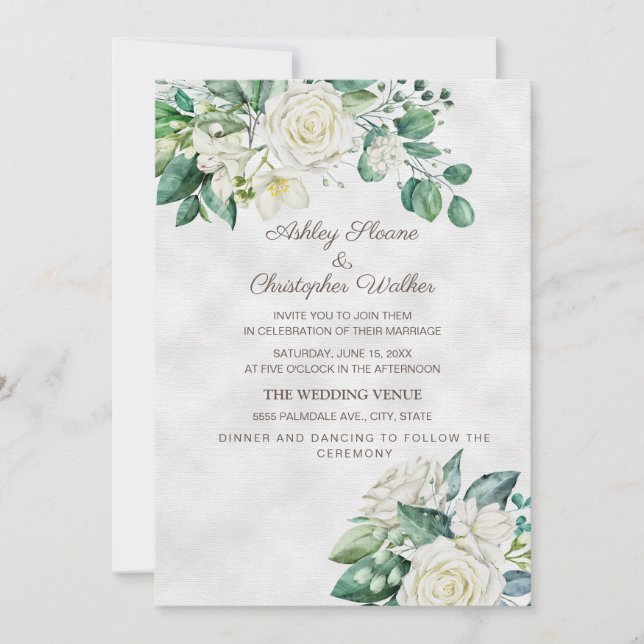 Elegant White Roses Greenery Wedding Invitation (Front)