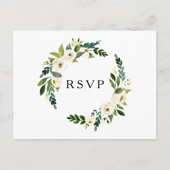 Elegant White Roses Greenery Wedding RSVP Postcard (Front)