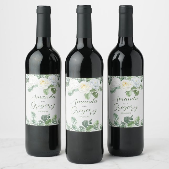 Elegant White Roses & Greenery  Wine Label (Bottles)
