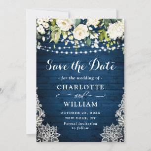 Elegant White Roses Lace Blue Wood Rustic Wedding Save The Date