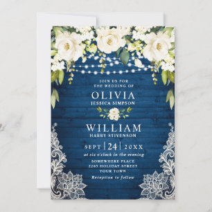 Elegant White Roses Lace Rustic Blue Wood Wedding Invitation