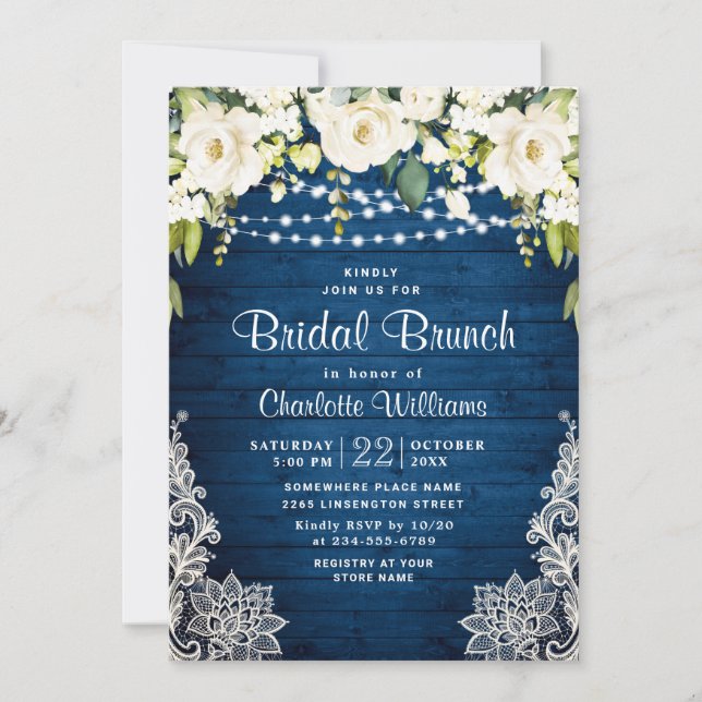 Elegant White Roses Lace Rustic Bridal Brunch Invitation (Front)