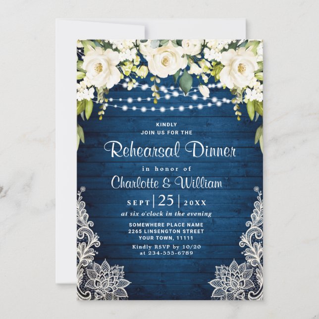Elegant White Roses Lace Rustic Rehearsal Dinner Invitation (Front)