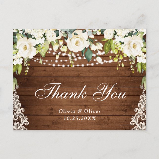 Elegant White Roses Lace Rustic Thank You Cards (Front)