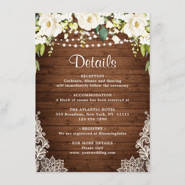 Elegant White Roses Lace Rustic Wedding Details Enclosure Card (Front)