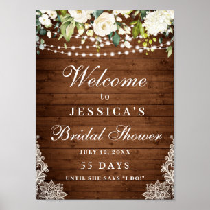 Elegant White Roses Lace Rustic Wood Bridal Shower Poster