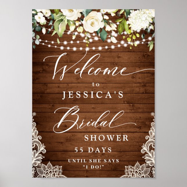 Elegant White Roses Lace Rustic Wood Bridal Shower Poster (Front)