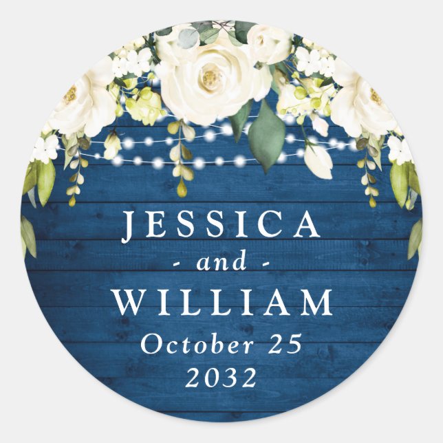 Elegant White Roses Lace Rustic Wood Wedding Classic Round Sticker (Front)