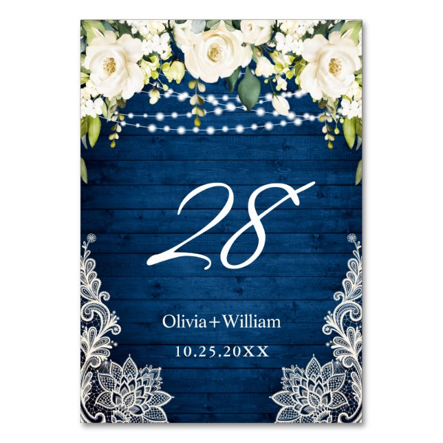 Elegant White Roses Lace Rustic Wood Wedding Table Number (Front)