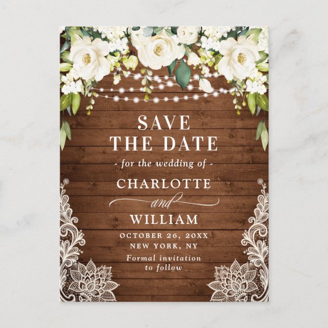 Elegant White Roses Lace Wedding Save the Date Postcard (Front)