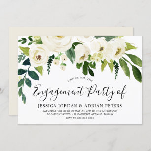 Elegant White Roses Modern Engagement Party Invitation