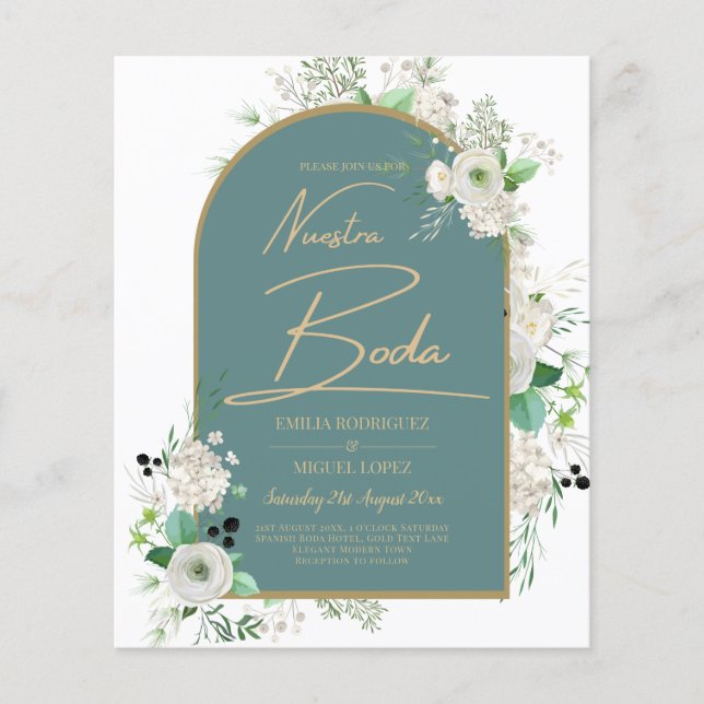Elegant White Roses Nuestra Boda Spanish Wedding Flyer (Front)