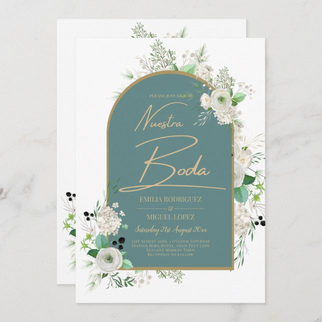Elegant White Roses Nuestra Boda Spanish Wedding Invitation (Front/Back)