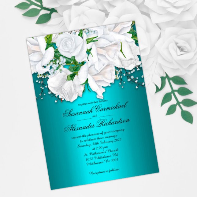 Elegant White Roses on Aqua Wedding Invitation (Creator Uploaded)