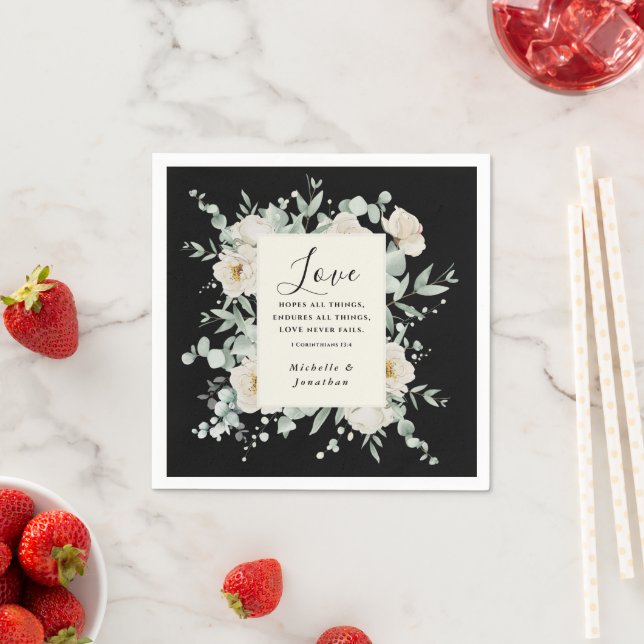 Elegant White Roses on Black Wedding Bible Verse Napkin (Insitu)