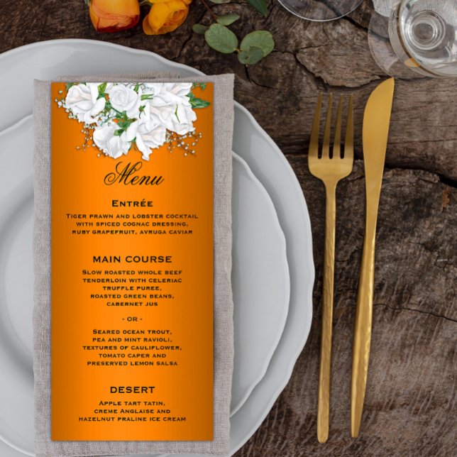 Elegant White Roses on Orange Wedding Menu (Creator Uploaded)