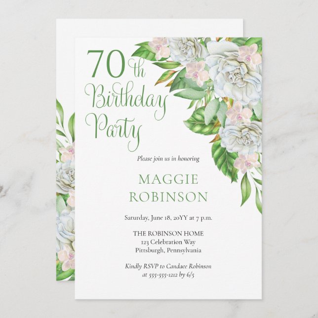 Elegant White Roses | Orchids 70th Birthday Party Invitation (Front/Back)