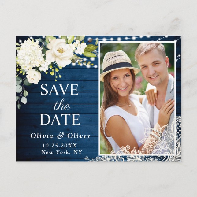 Elegant White Roses PHOTO Wedding Save the Date Postcard (Front)