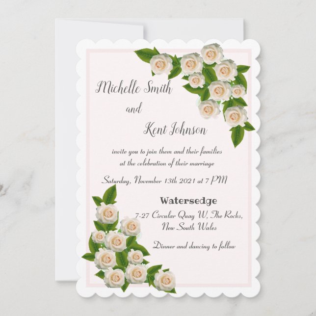Elegant White Roses Pink Blush Wedding Invitation (Front)