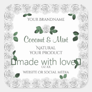 Elegant White Roses Product Labels Green Leaves