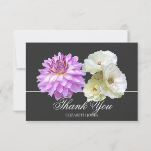 Elegant White Roses Purple Dahlia Chic Thank You Card