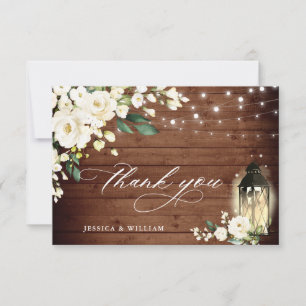 Elegant White Roses Rustic Wood Lantern Thank You Card