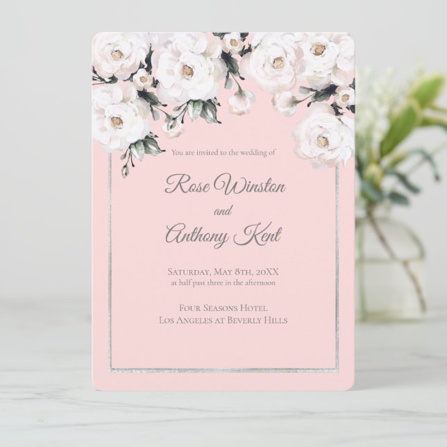 Elegant White Roses Silver Frame Pink Wedding Invitation (Standing Front)
