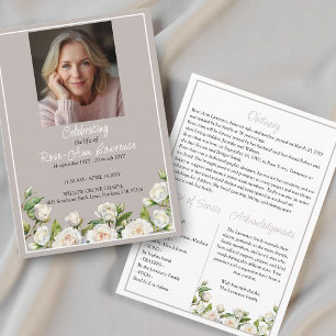 Elegant white roses taupe funeral folded programme
