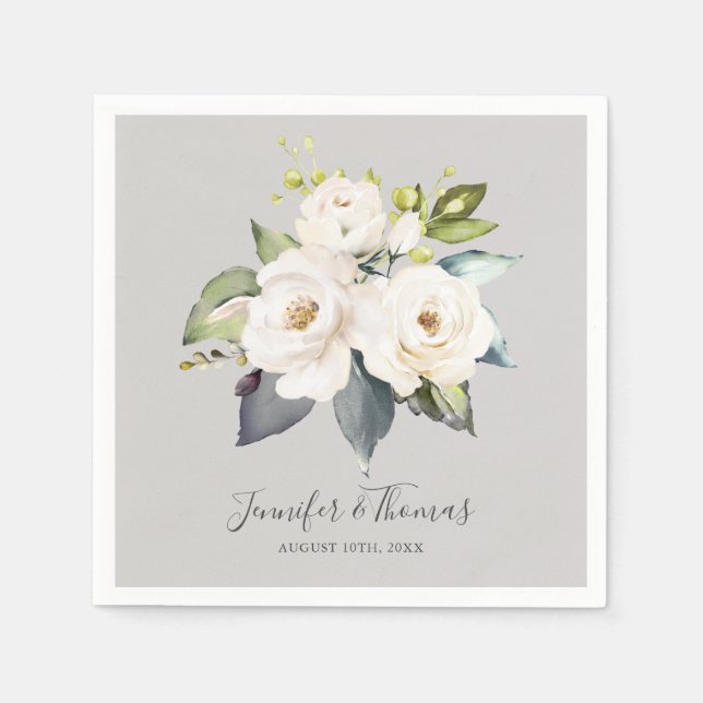 Elegant White Roses Watercolor Floral Wedding Napkin (Front)