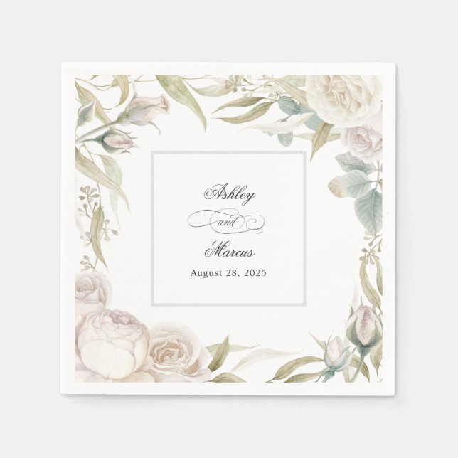 Elegant White Roses Watercolor Wedding Celebration Napkin (Front)