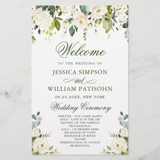 Elegant White Roses Wedding Ceremony Program (Front)