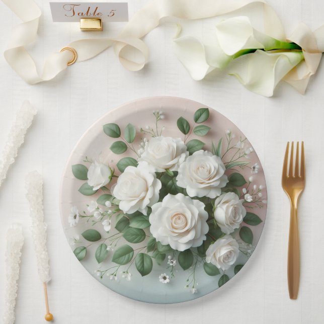 Elegant White Roses Wedding  Paper Plate (Wedding)