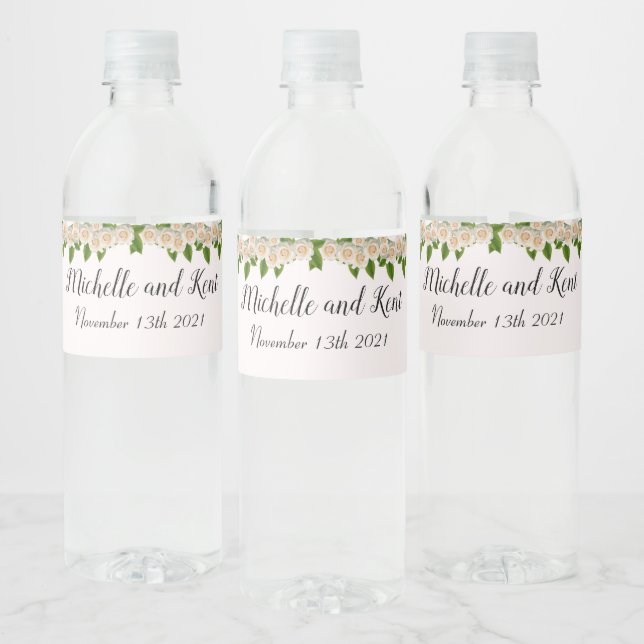 Elegant White Roses Wedding Water Bottle Label Set (Bottles)