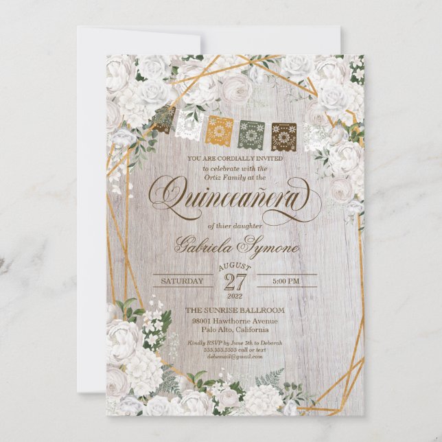 Elegant White Roses Western Rustic Quinceanera Invitation (Front)