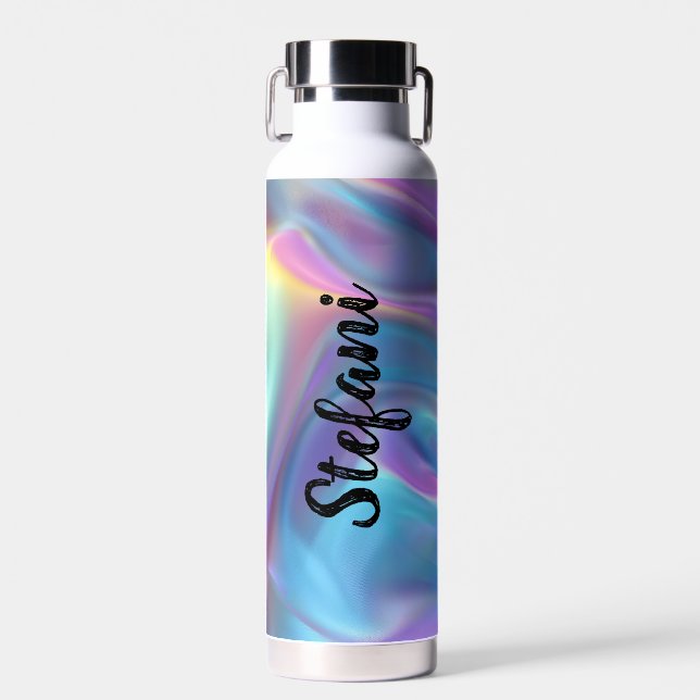 Elegant White Rough Text Holographic Personised Water Bottle (Front)