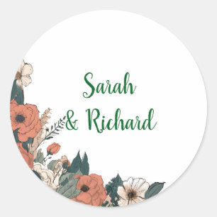 Elegant White Round Floral Wedding Envelope Sealer Classic Round Sticker