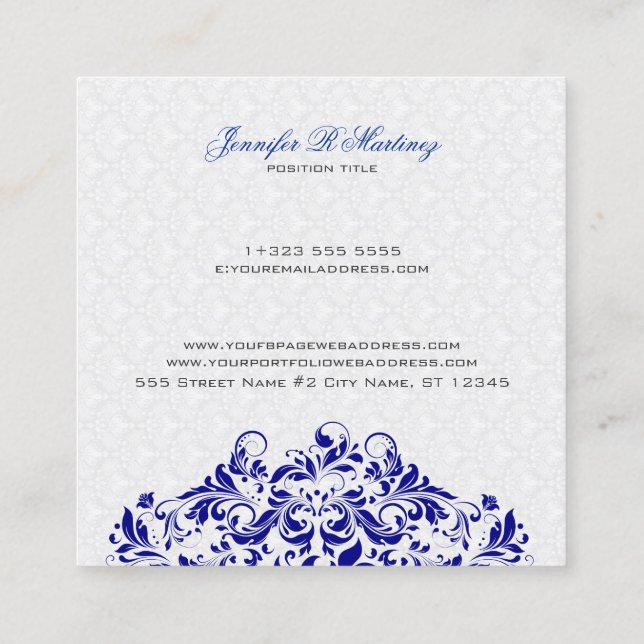 Elegant White & Royal Blue Damasks & Swirls Square Business Card (Back)
